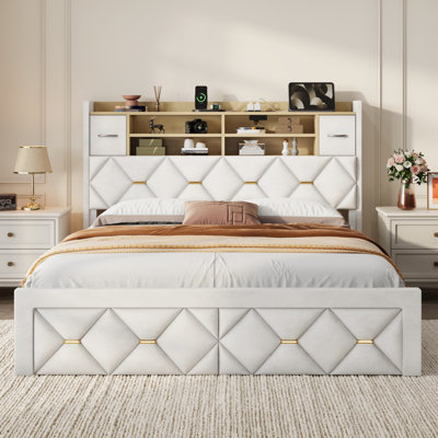 Velvet Upholstery Platform Bed With 2 Under-Bed Drawes & Headboard Storage by Wrought Studio