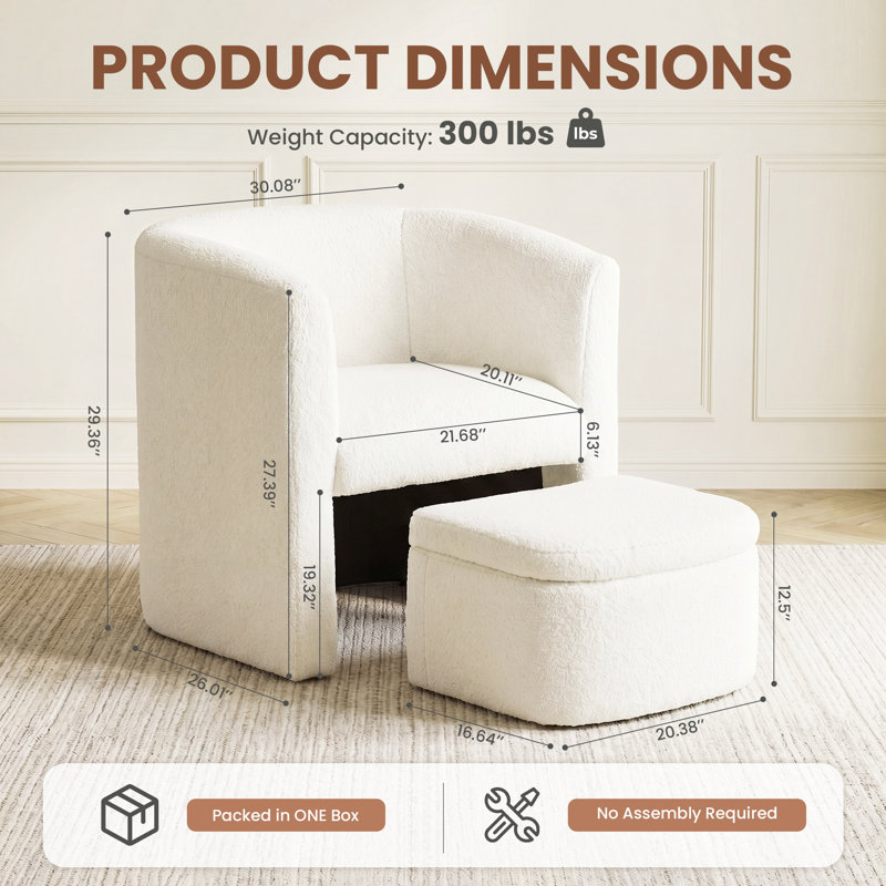 Fauteuil d'appoint et repose-pieds rembourrés Braedin, aucun assemblage requis, Crème Boucle