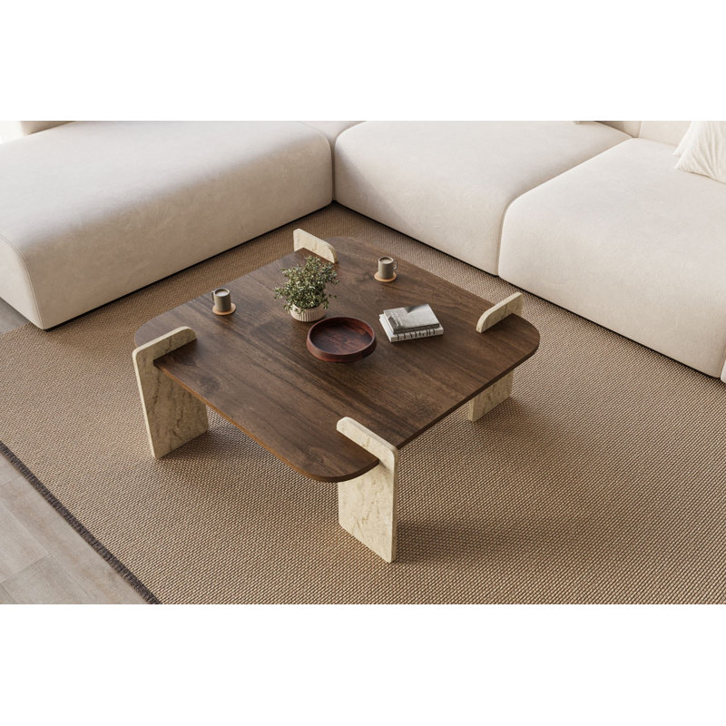 Table basse carrée en travertin et noyer, Beige, Travertin noyer
