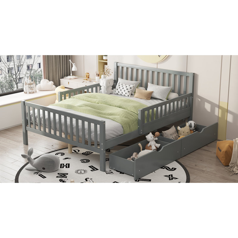 Lit plateforme en bois avec garde-corps des deux côtés et deux tiroirs de rangement, Lit double, Beige