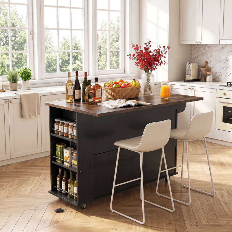Îlot de cuisine l 56,1 po avec armoire de rangement, station de chargement, poubelle, roues verrouillables et abattant, Black