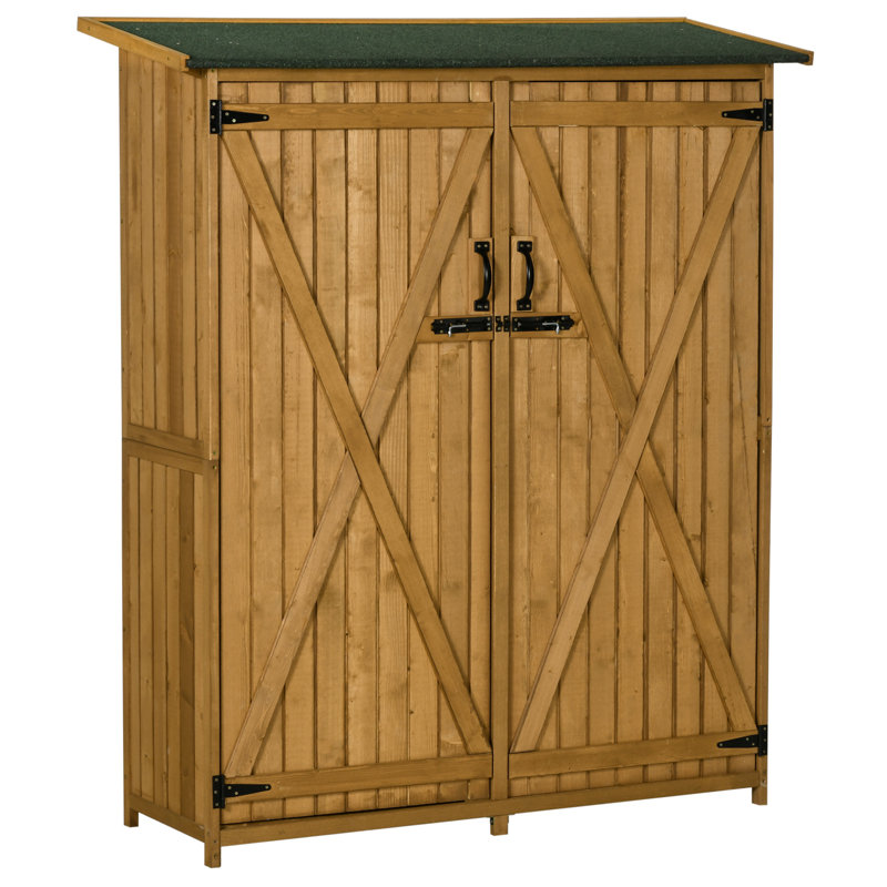 Outsunny Outdoor Storage Cabinet Wooden Garden Shed Utility Tool Organizer with Waterproof Asphalt Rood, Lockable Doors, 3 Tier Shelves for Lawn, Backyard, Natural