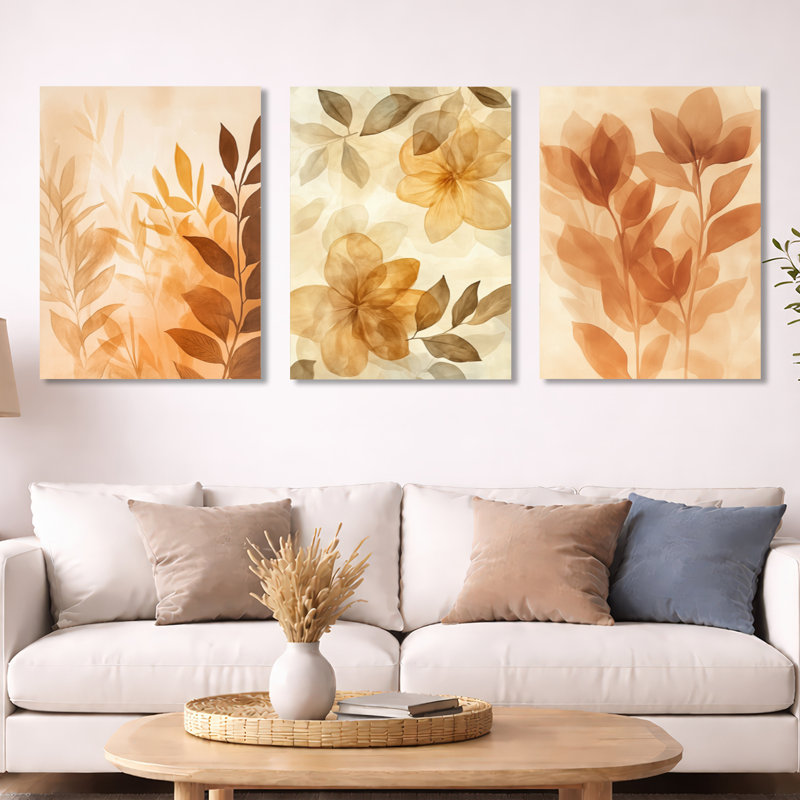 Caramel Botanical Fade - ivoire géométrique, ensemble d'art mural en métal 3 pièces, H 32 po x l 72 po