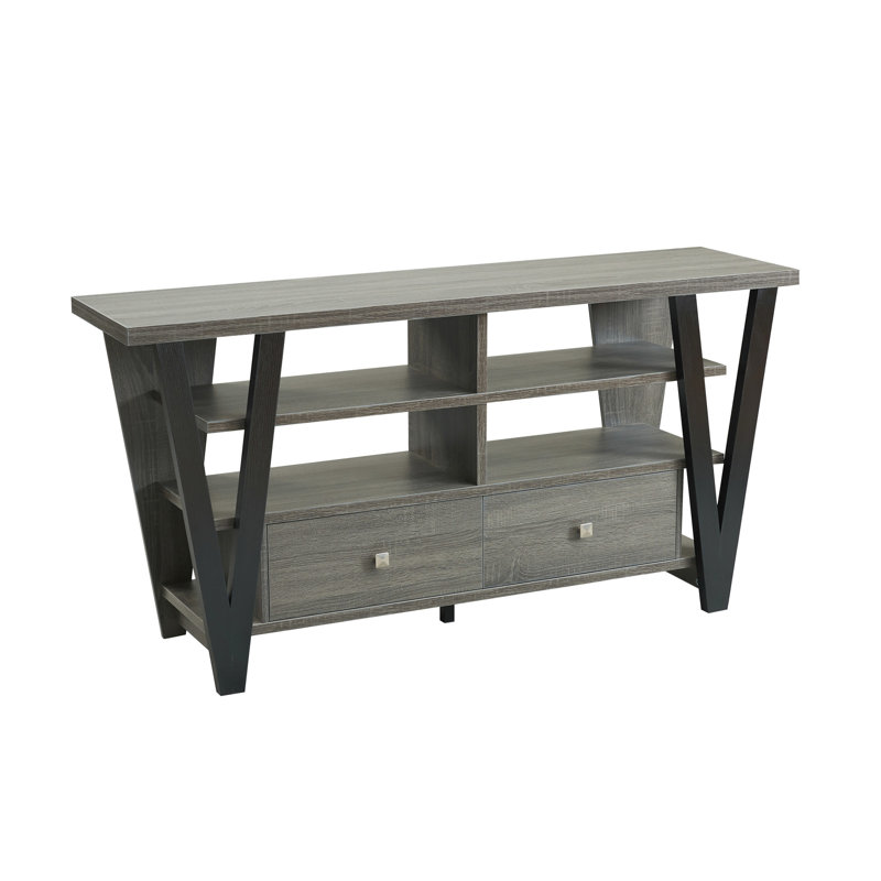Grand meuble télé avec 2 tiroirs et tablette, gris / noir, 60 - 69 pouces positionnant gris + support noir, emmêlant