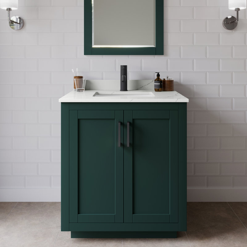 Meuble-lavabo simple autoportant de 30 po avec plateau en quartz Miranda, Giotto Quartz, Vert, Noir mat