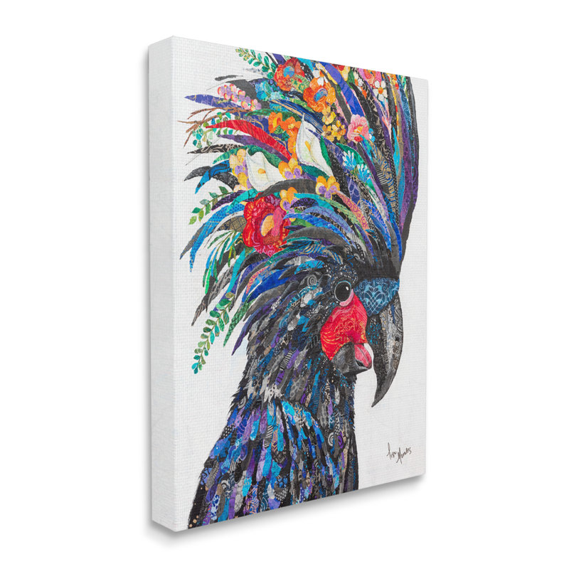 «Black Palm Cockatoo Bird Floral Collage» par Lisa Morales, peinture sur toile tendue, H 20 po x l 16 po x P 1,5 po