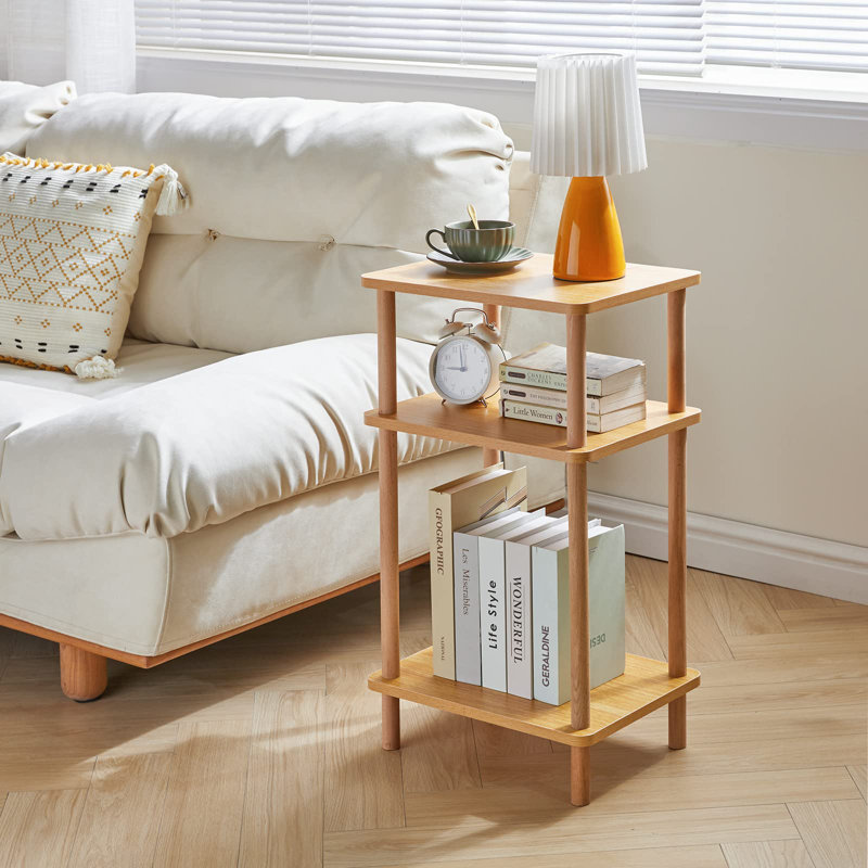 Table d'appoint à 3 niveaux, table de bout haute en bois massif avec tablettes de rangement, table de chevet