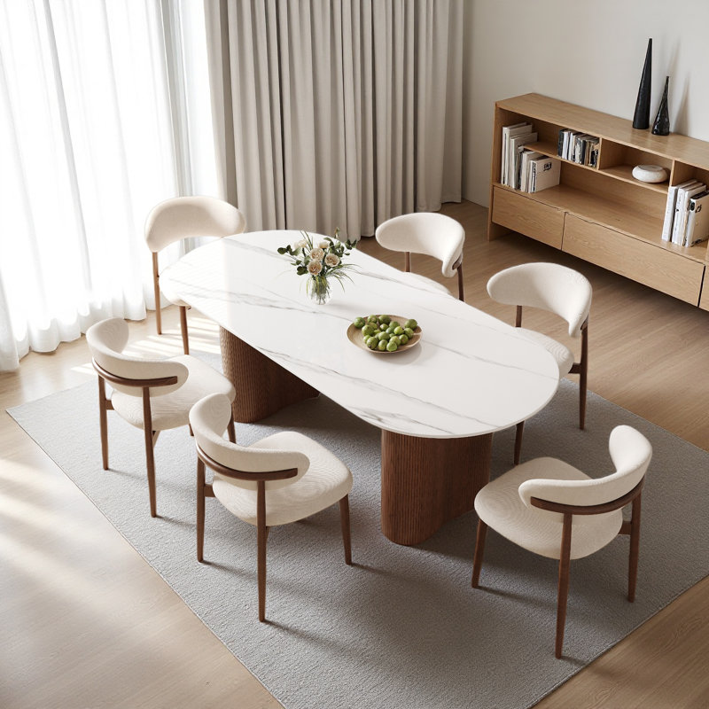 Table de salle à manger moderne 71 po, table de salle à manger ovale avec plateau en pierre frittée et piédestaux doubles