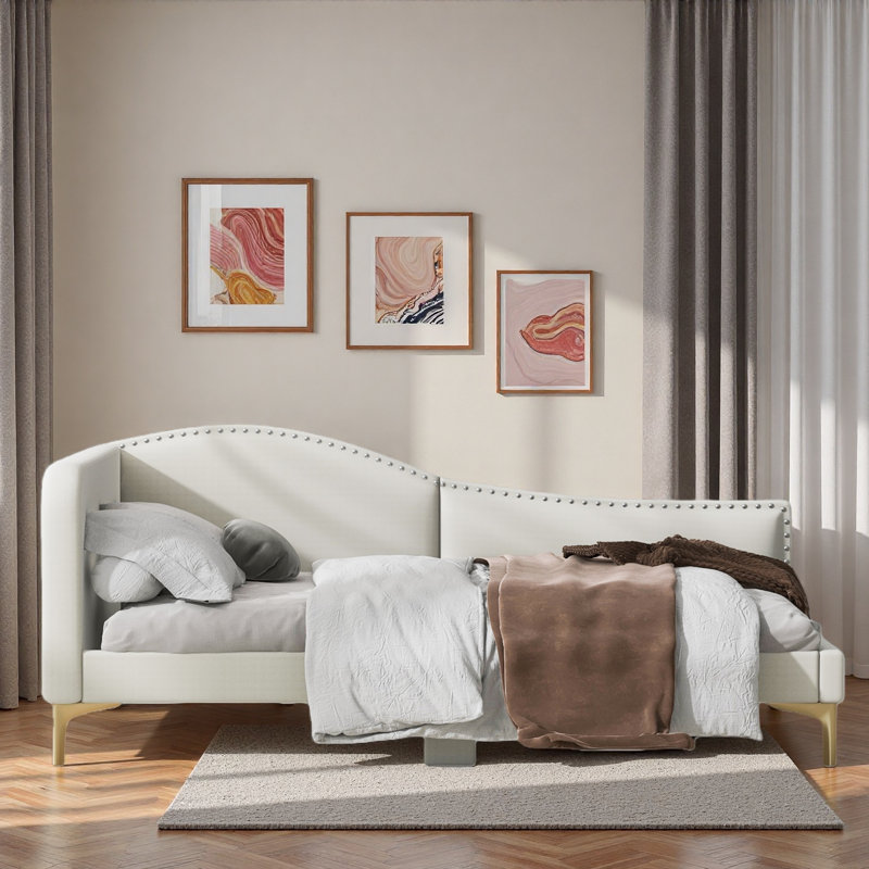 Lit de jour rembourré avec tête de lit et accoudoirs, Beige, Lit simple