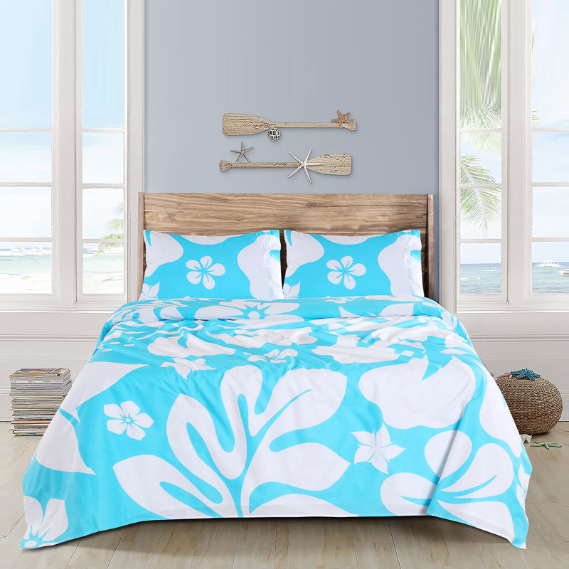 Ensemble de draps 100% coton Floral, Ensemble de draps pour lit double + un drap-housse, Bleu océan