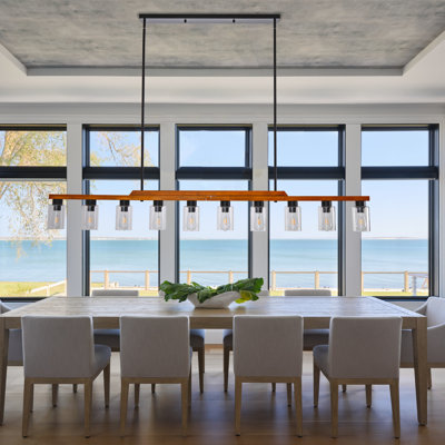  Luminaire de salle à manger de style lustre de style campagnard 10 lumières, îlot de cuisine linéaire de style campagnard avec abat-jour en verre ensemencé, luminaires suspendus en bois rustique