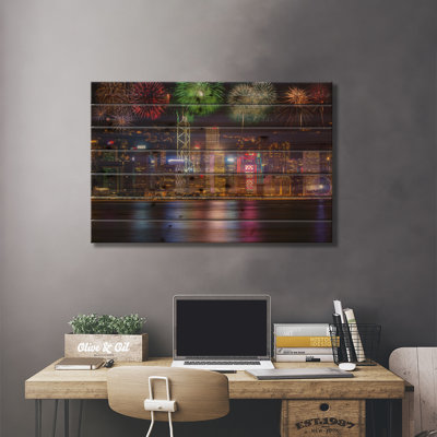 China, Hong Kong. Fireworks over City at Night. by Jaynes Gallery - Unframed Print on Wood -  Latitude RunÂ®, 3E151C690C2149369AAA237DE2C5FACA