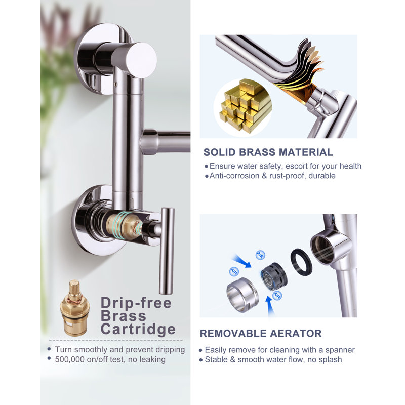 ARCORA Single Hole Two Attachment Brass Wall Mounted Pot Filler Kitchen Faucet with Double-Handle, Polished Chrome
