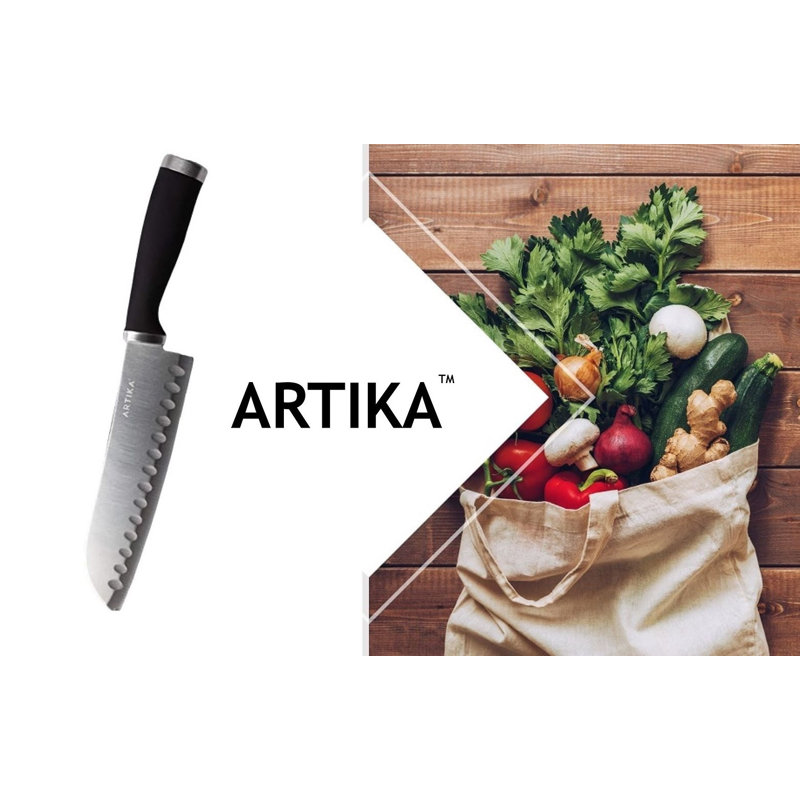 Ensemble de 3 couteaux Santoku Artika | Bord droit - avec lame Granton alvéolée - Poignée ergonomique antidérapante - Tranchant de 7 pi / 6 pi / 8 po