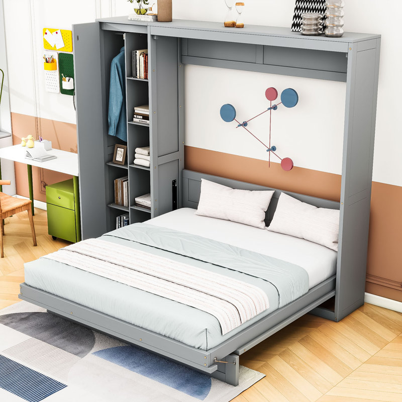 Lit escamotable avec rangement intégré et lumières DEL, Gris, Grand lit