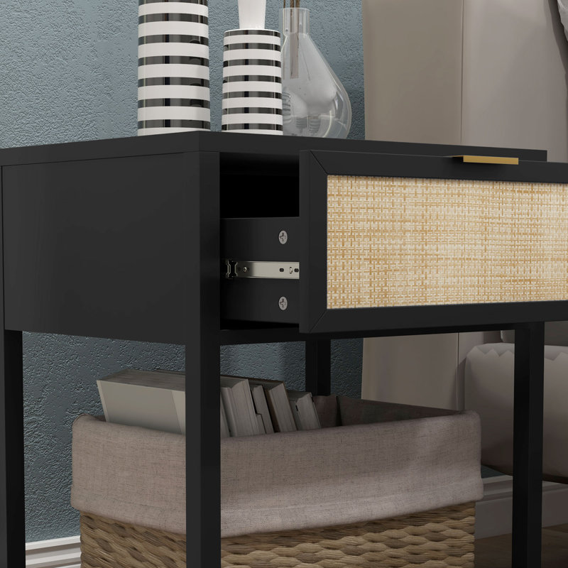 Table de chevet Boho avec tiroir, tablette ouverte et élément en rotin noir