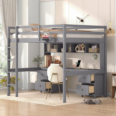 Full Size Loft Bed With Desk, Cabinets, Drawers And Bedside Tray, Charging Station, Gray