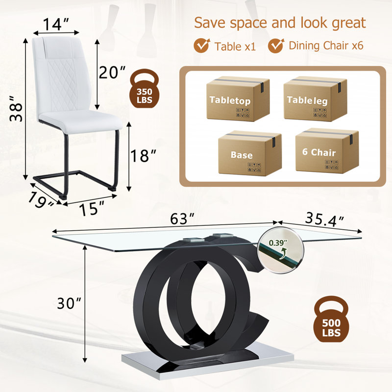 7-Piece Glass Top Dining Table Sets, Blanc/Noir