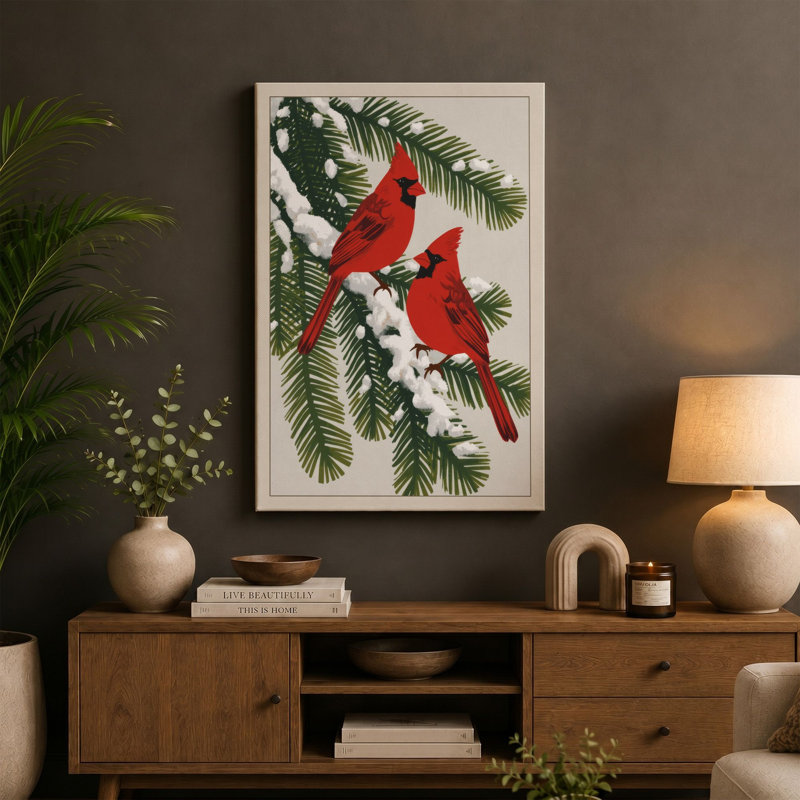 Winter Cardinals Botanical - Wrapped Canvas, 30x20 - 76.2 x 50.8 cm, Cream Border