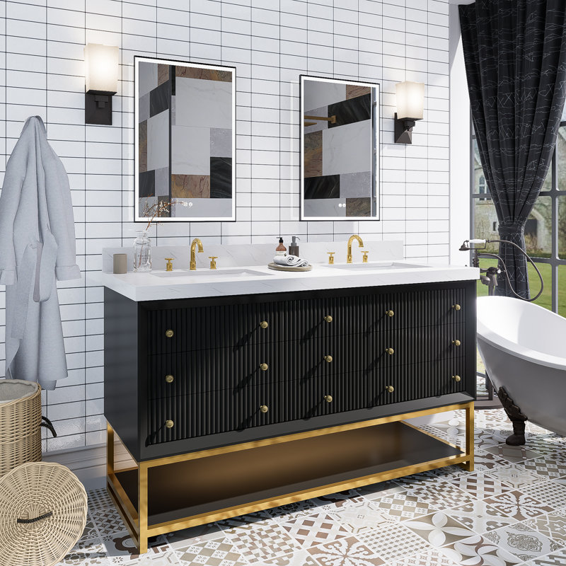 Ensemble de meuble-lavabo autoportant moderne en bois massif avec plateau en marbre, Noir, 60"