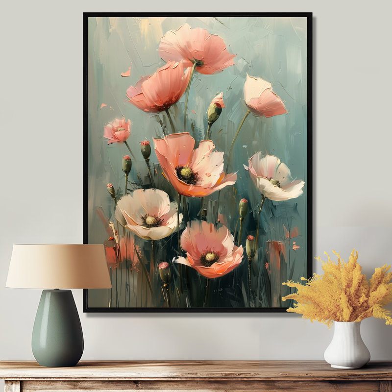 Rose, gris, coquelicots, fleurs, nature morte, charme II - coquelicots, art mural, salon, Toile avec cadre flottant noir