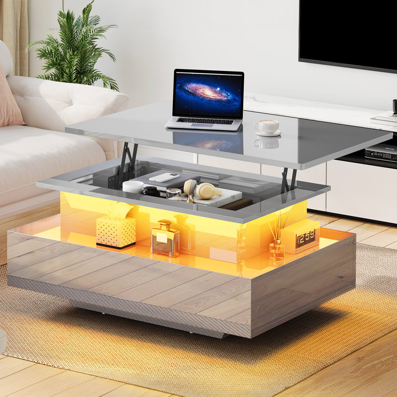  High Gloss Coffee Table With Drawer, Living Room Table Height Adjustable With 16 Colour LED, Grey