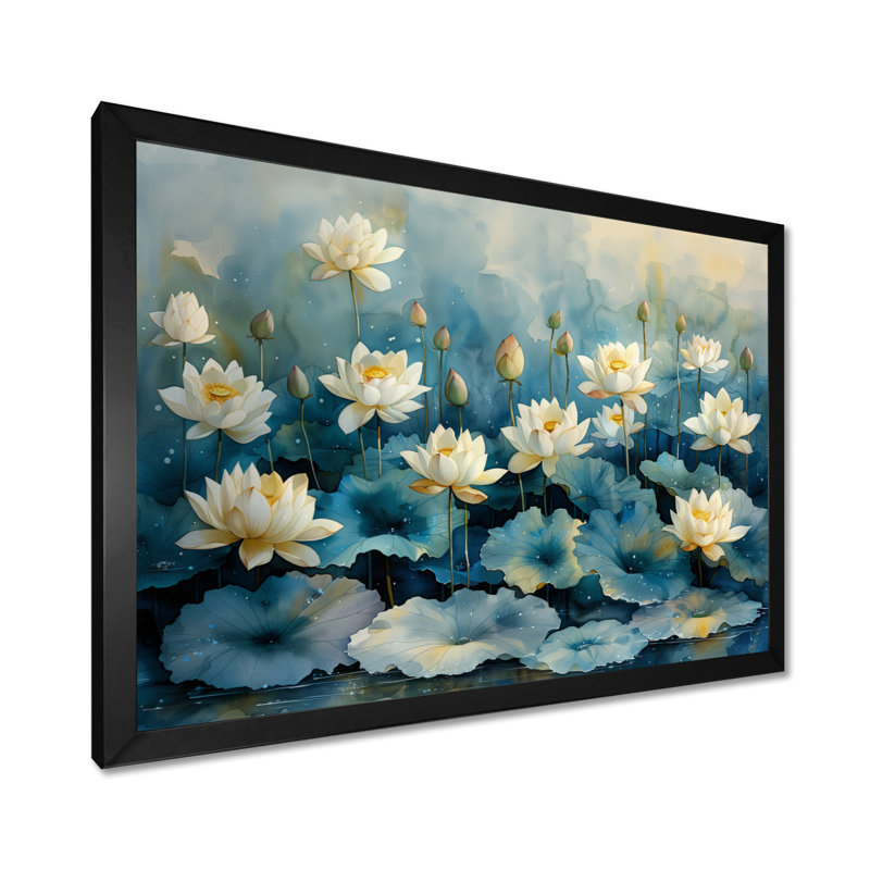 Blanc, bleu, lotus, réflexion de l'étang - art mural Lotus, Cadre simple noir, H 34 po x l 44 po