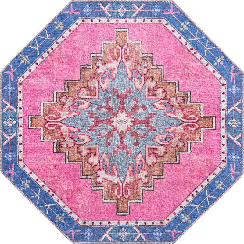 Tapis traditionnel d'Oppie fuchsia / violet, Octogone 5 pi x 5 pi