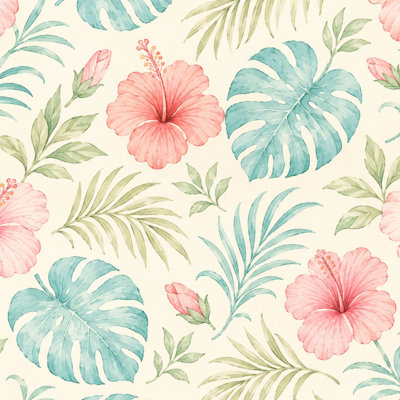 Papier peint adhésif de style hibiscus à motif floral à motif de feuilles d'hibiscus tropicales l 23,6 po x H 118 po auto-adhésif amovible pour locataires