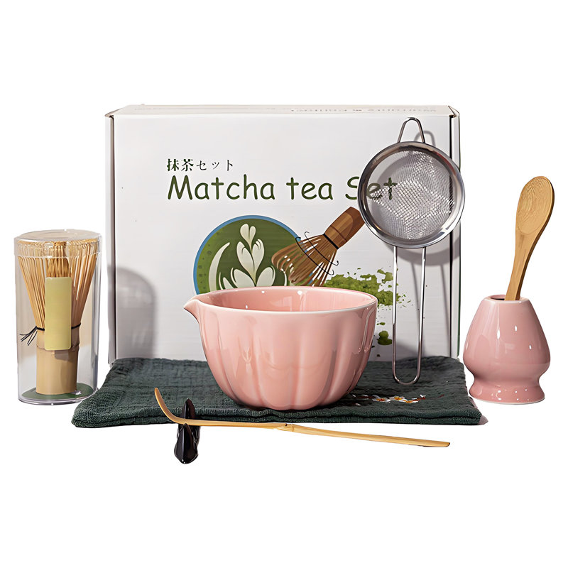 Ensemble matcha 8 pièces de qualité supérieure avec bol en céramique et fouet en bambou - ensemble complet pour débutants (rose)