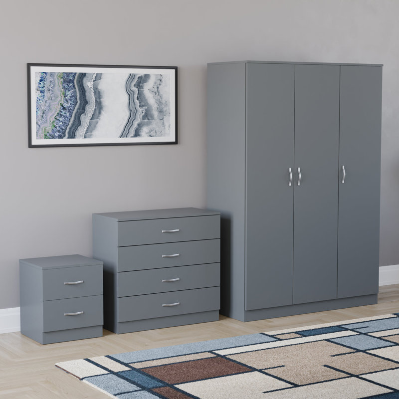 Maybery 3 Piece Bedroom Set (2 Drawer Bedside Chest, 4 Drawer Chest, 3 Door Wardrobe), (5), Grey
