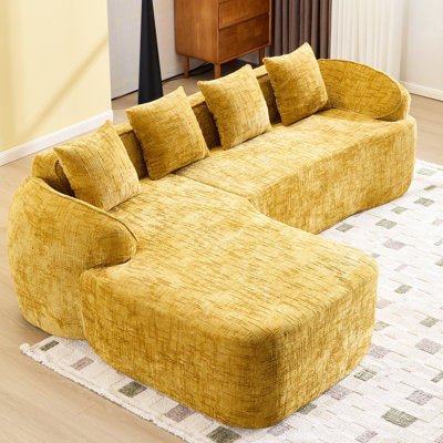 L-shaped Yellow Of Chenille, High-elastic Sponge, Curved , Four Throw Pillows, Medium-soft Seat, Foam Filler, Stable And For Living Room Compressed Made Comfortable Leaning, Suitable Multiple