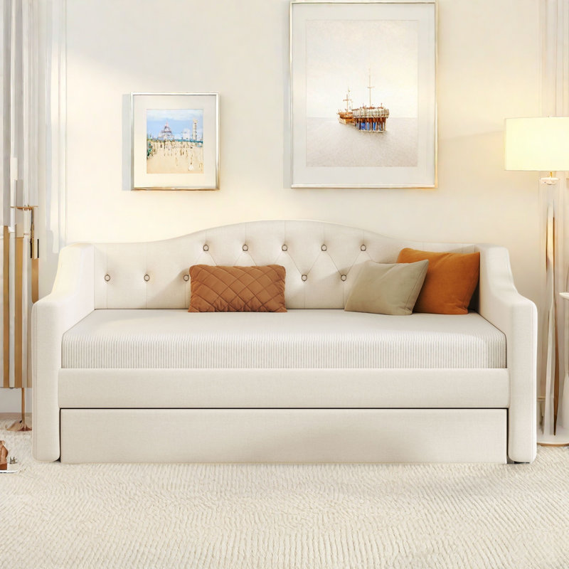 Modern Upholstered Daybed With Led Belt, Trundle And Button Tufted Design, Beige