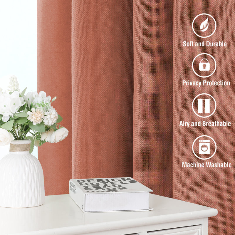 Linen Curtains for Living Room 2 Panels Back Tab Loop Pocket Textured Light Filtering Semi Sheer Rustic Farmhouse Boho Curtain for Bedroom , Terracotta