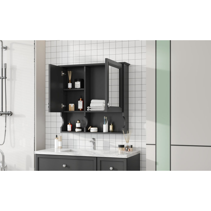 30 Inch Wall Mounted Medicine Cabinet With Mirror, 2 Doors, Open Shelves, Adjustable Shelf, Suitable For Bathroom And Entryway Decorative Space Saving Black Mirror Cabinet, Bedroom Storage Management