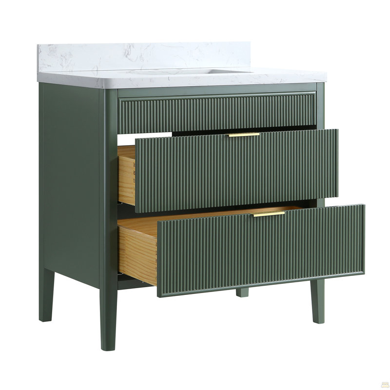 Meuble-lavabo de salle de bain autoportant vert 36 po entièrement assemblé avec structure en bois massif et plateau en marbre d'ingénierie