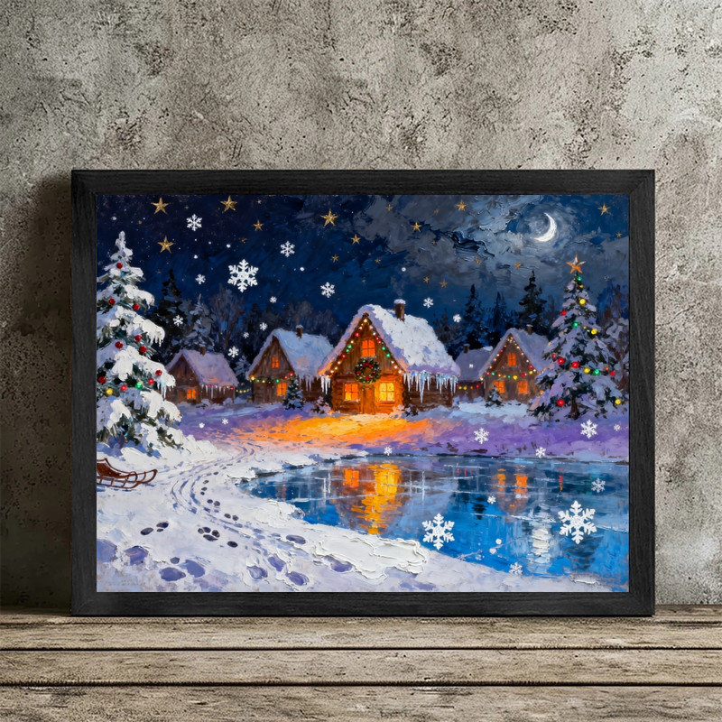 Impression sur toile encadrée noire, village de Noël impressionniste, nuit d'hiver enneigée, H 37 po x l 25 po