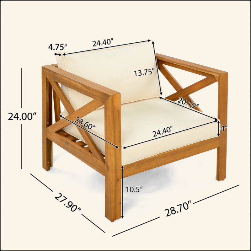Fauteuil club d'extérieur en bois d'acacia avec coussins, ensemble de conversation, 2, Beige