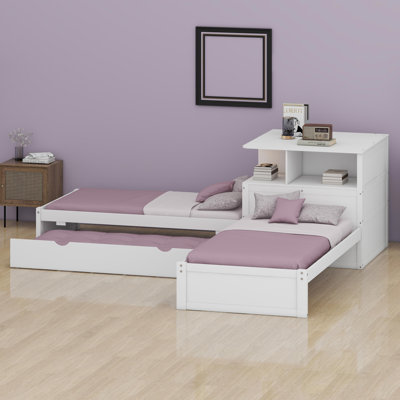 Lit plateforme en L peu encombrant avec rangement pour armoire, fixation de bureau, lit gigogne et éclairage à DEL personnalisé