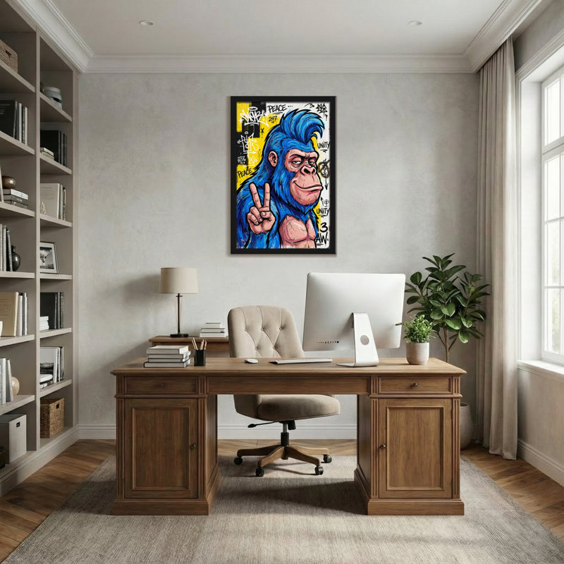 Animals Blue Monkey Peace Sign Graffiti Art Canvas Print, 18" H x 12" W