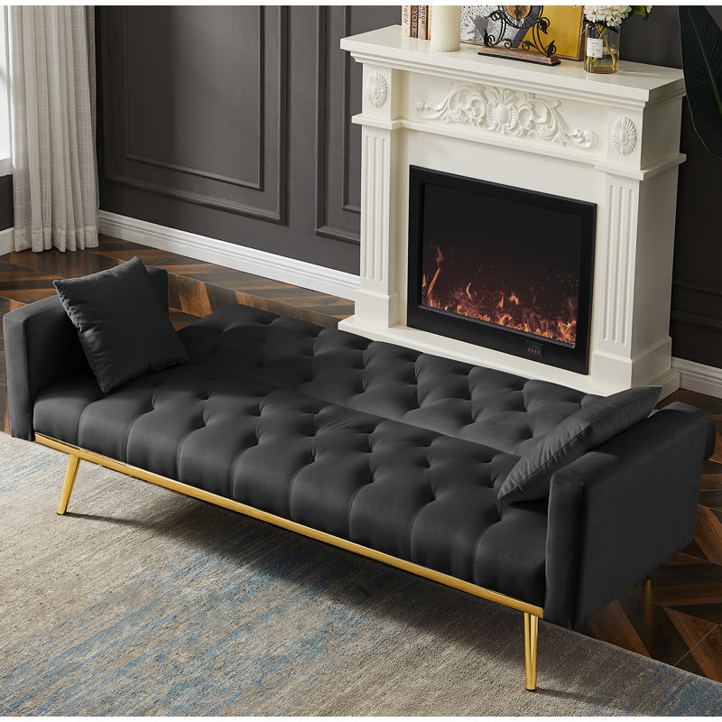 Twin 73.2'' Wide Tufted Back Convertible Sofa, Black Velvet