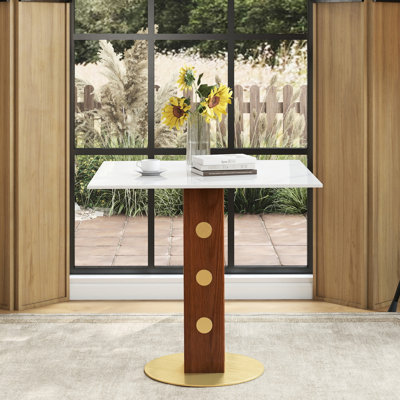 Table de salle à manger rectangulaire moderne pour 2 personnes, pierre frittée de 33,5 po, pieds en bois et base dorée, facile à entretenir pour la table en pierre