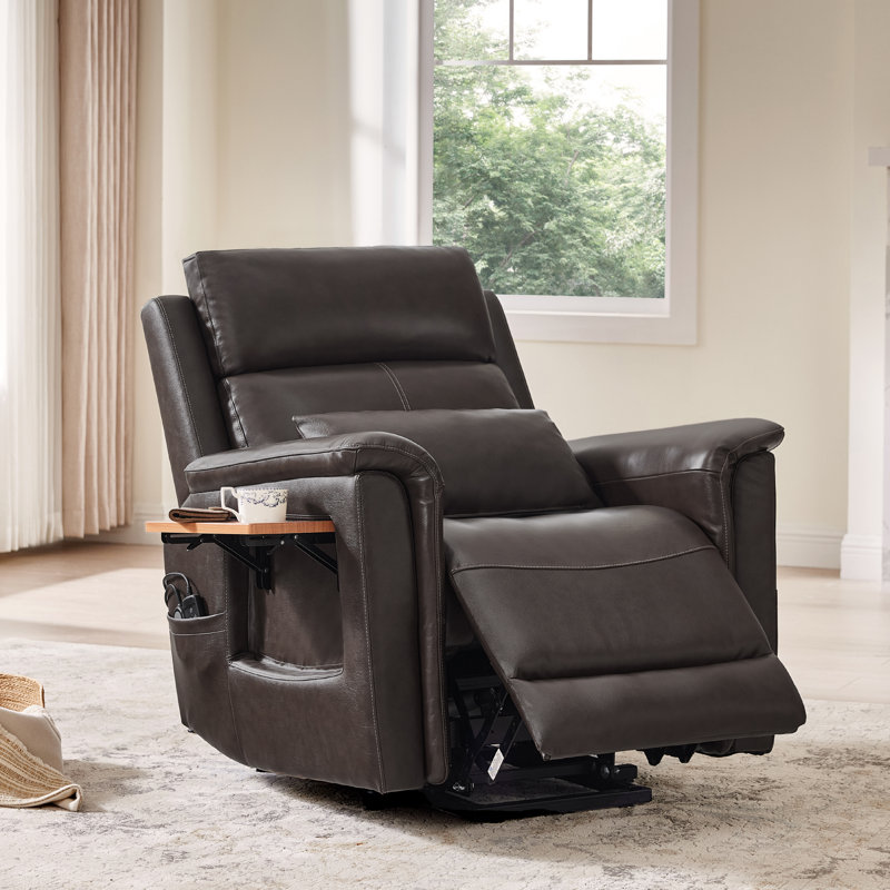 Top Grain Leather Power Lift Recliner With Massage & Heat & Foldable Tray Table, Brown
