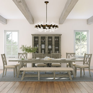 Telluride Rustic Distressed Pine 127" Trestle Dining Table With Two Extension Leaves - Driftwood Grey