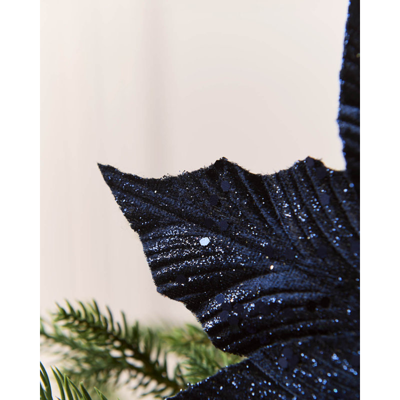Navy Glitter Artificial Poinsettia, 26cm, Black