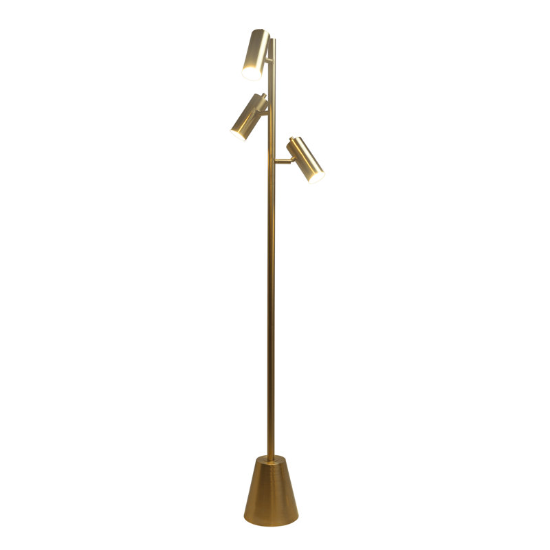 Lumina Brassed Gold Floor Lamp with Rotary Switch - Modern Triple Spotlights Standing Lamp with Metal Cone Base for Living Room & Bedroom