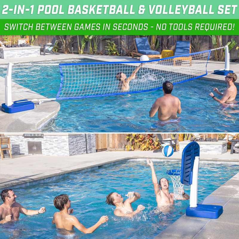 Blue and White 2-in-1 Pool Basketball Hoop & Volleyball Net Set