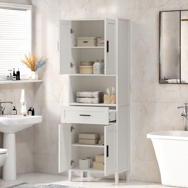 Grande armoire de salle de bain autoportante avec 1 tiroir, 2 armoires, 4 portes à fermeture douce, 2 tablettes réglables et un rangement ouvert