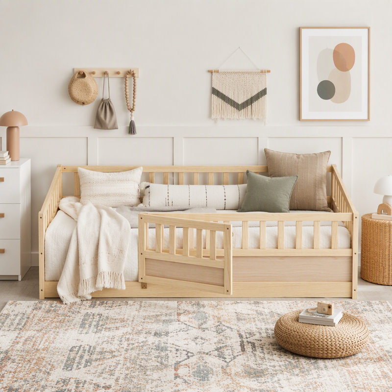Lit de plancher, structure de lit plateforme en bois à profil bas, aucun sommier tapissier requis, Lit simple
