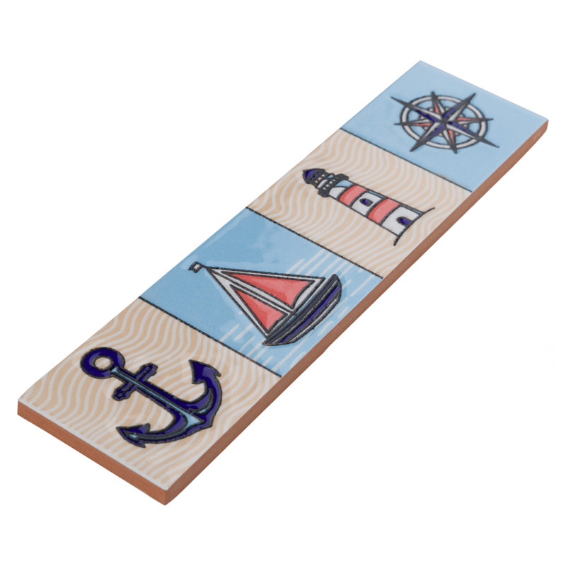 Captain Nautilius 2" x 8" Ceramic Specialty Trim in Navy Blue/Beige/Red